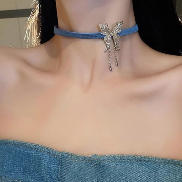Jeans Butterfly Necklace Choker - Picture 2 of 5